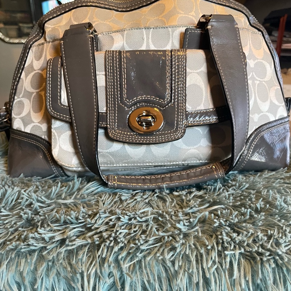Coach Signature Canvas and Leather Handbag - Gray and Cream